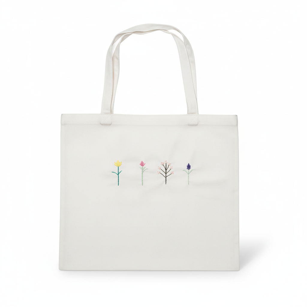 White tote bag with four embroidered flowers on white background