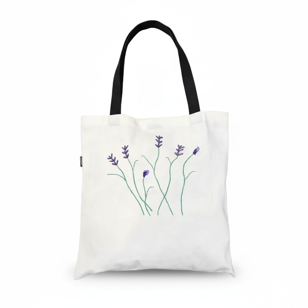 White tote bag with lavender design on white background