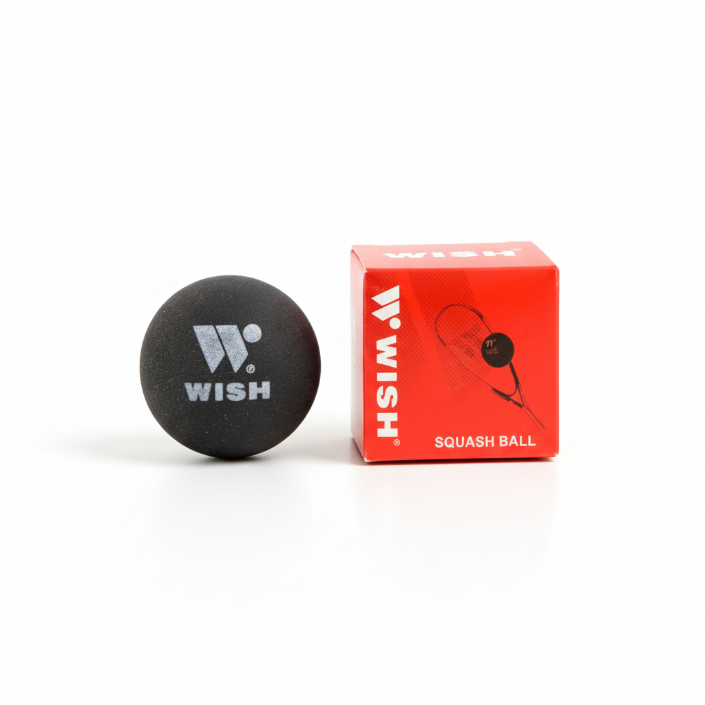 Wish squash ball and box on white background