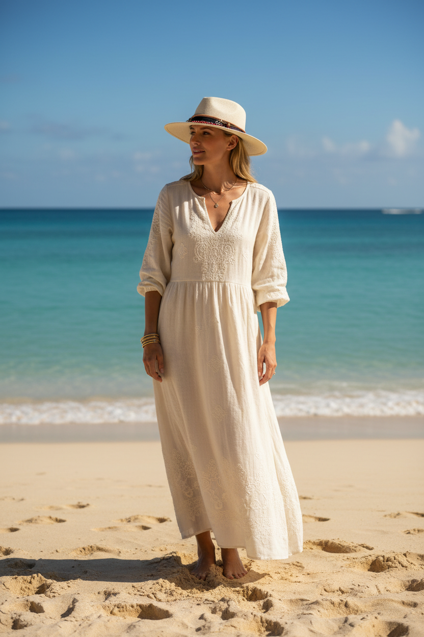 Woman at Beach Wearing Straw Fedora