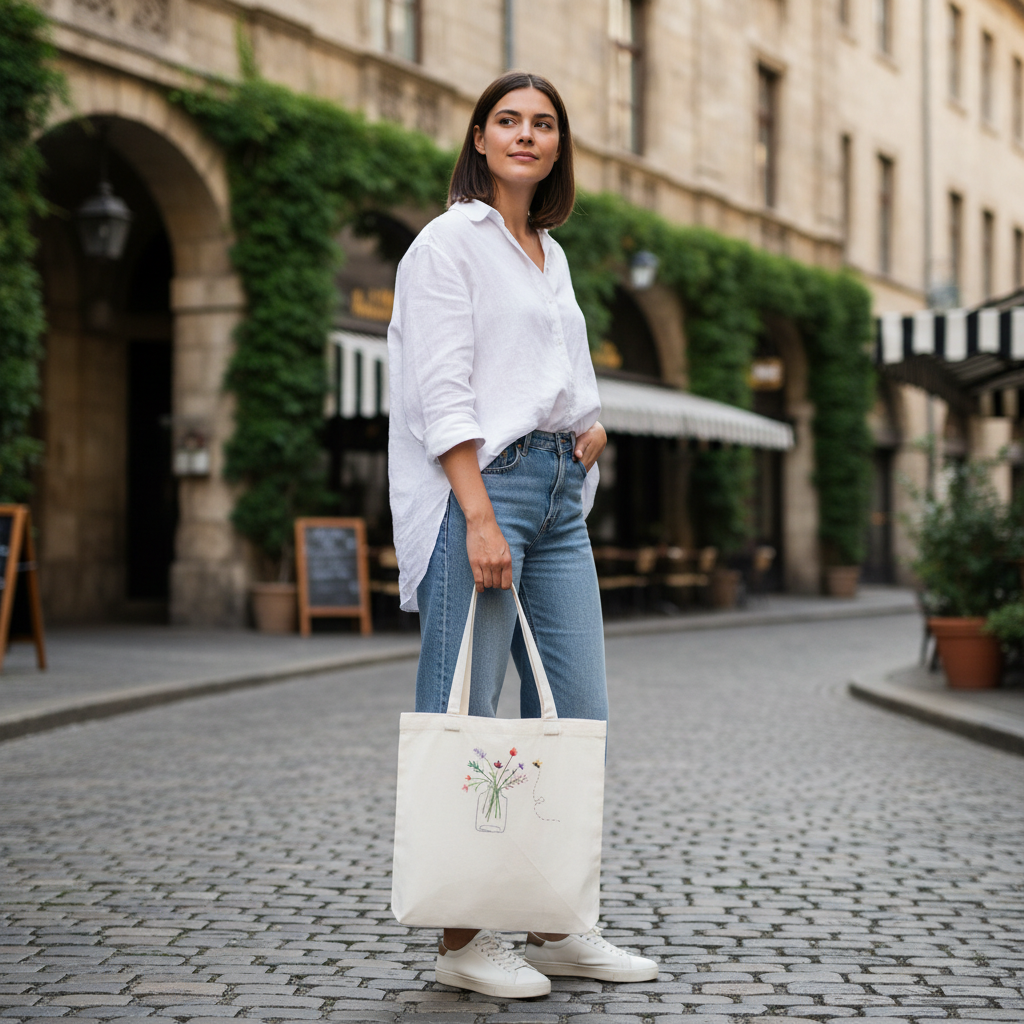 Woman holding bee and flowers tote bag