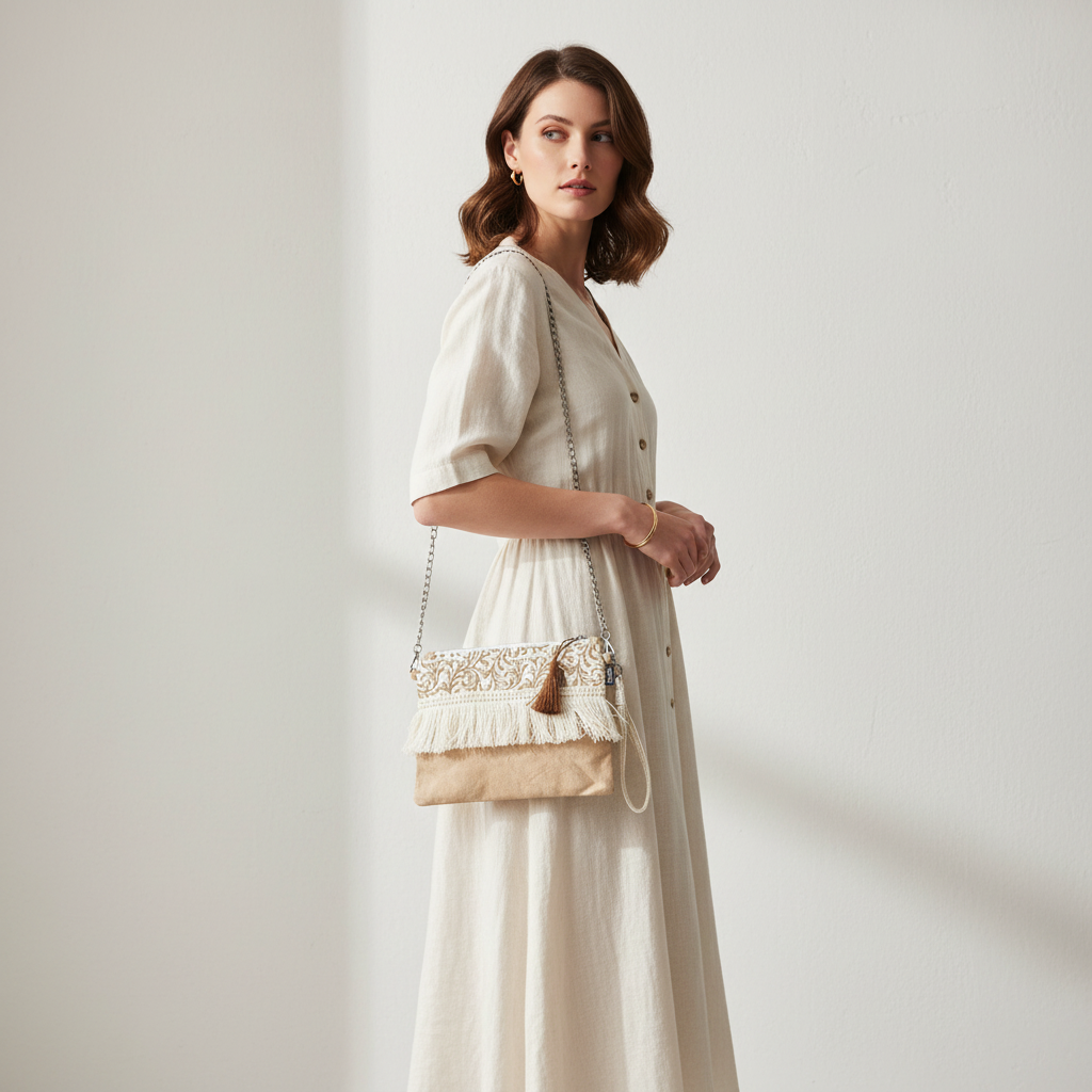 Woman holding beige and white fringe crossbody bag