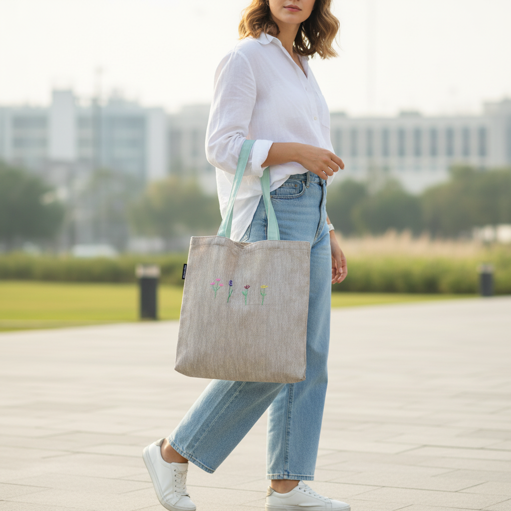 Woman holding beige embroidered flower tote bag