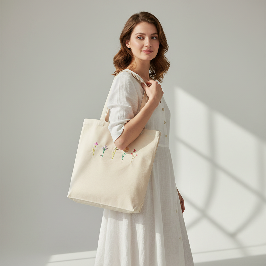 Woman holding beige floral tote bag