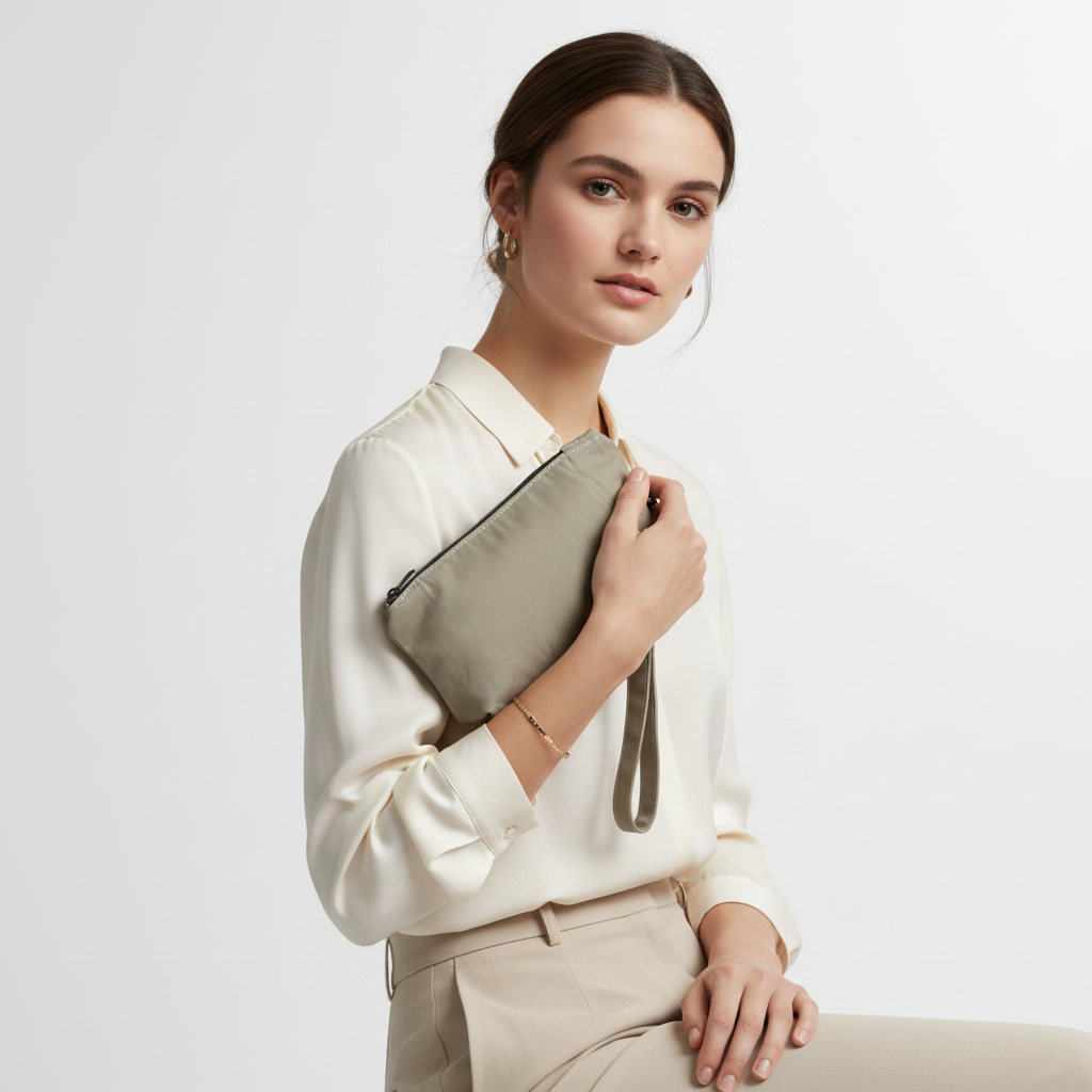 Woman holding beige grey pouch with wrist strap
