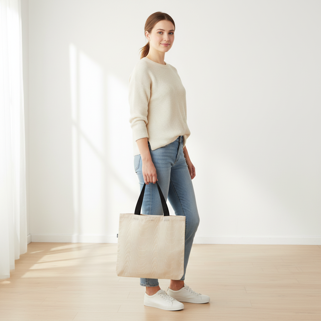 Woman holding beige tote bag with black handles