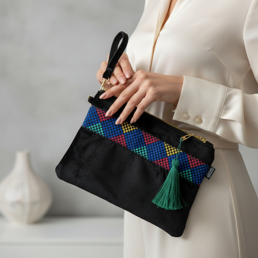 Woman holding black clutch with colorful geometric pattern