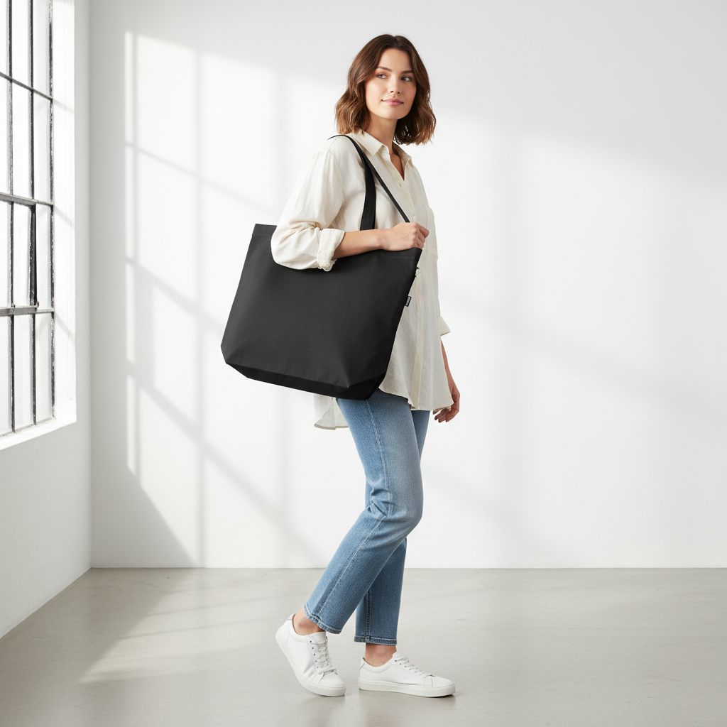Woman holding black tote bag with side pocket