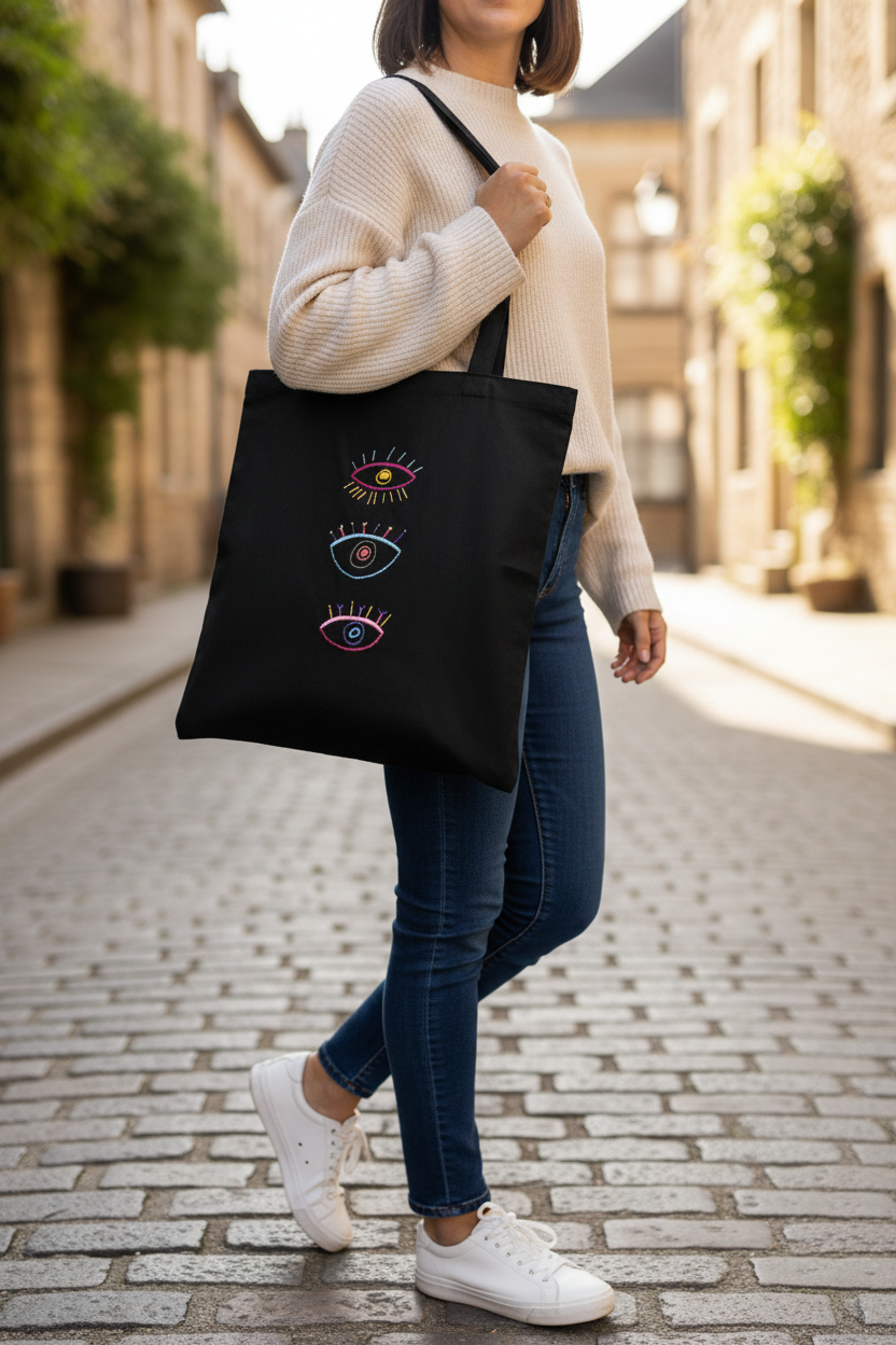 Woman holding black tote bag with three embroidered eyes