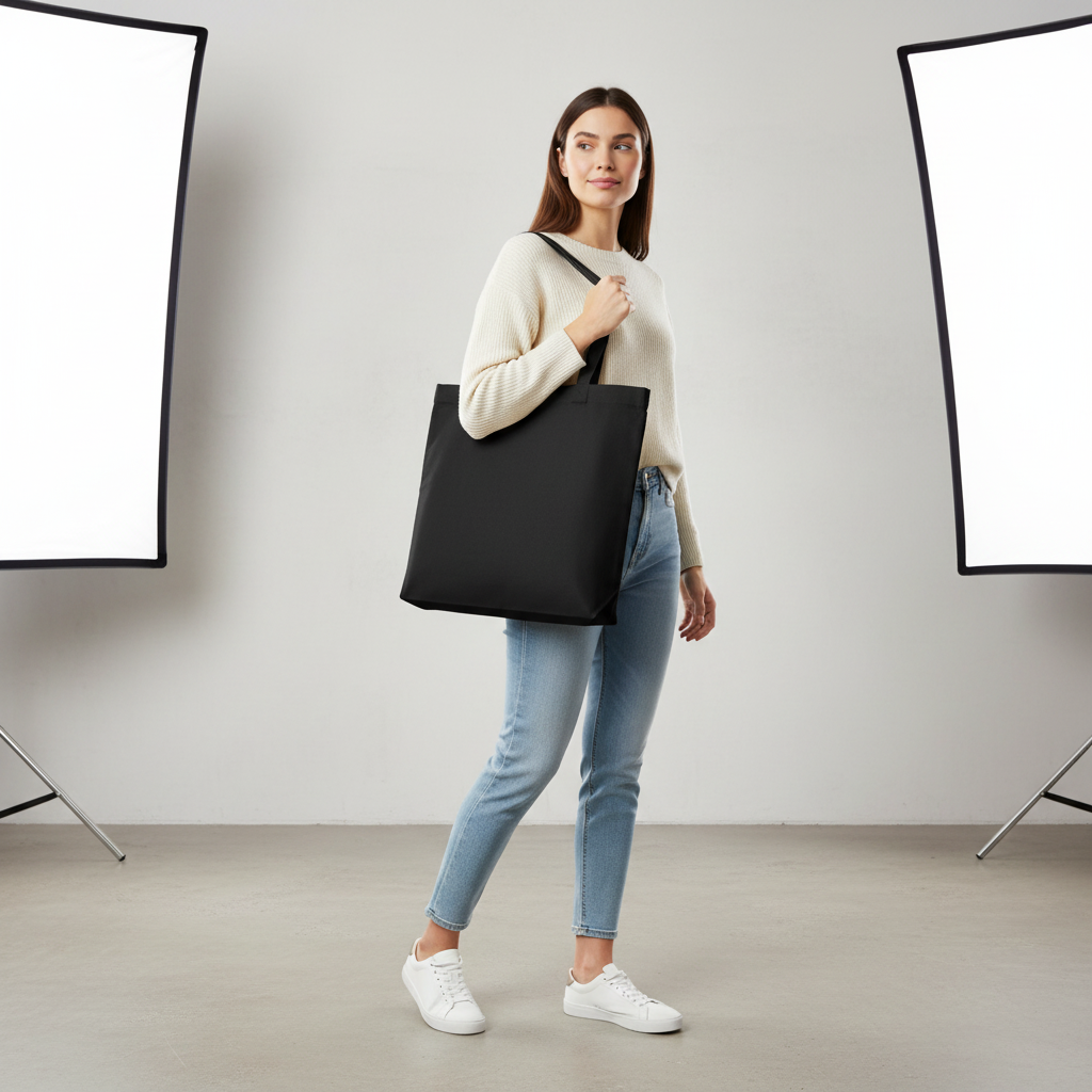 Woman holding black tote bag