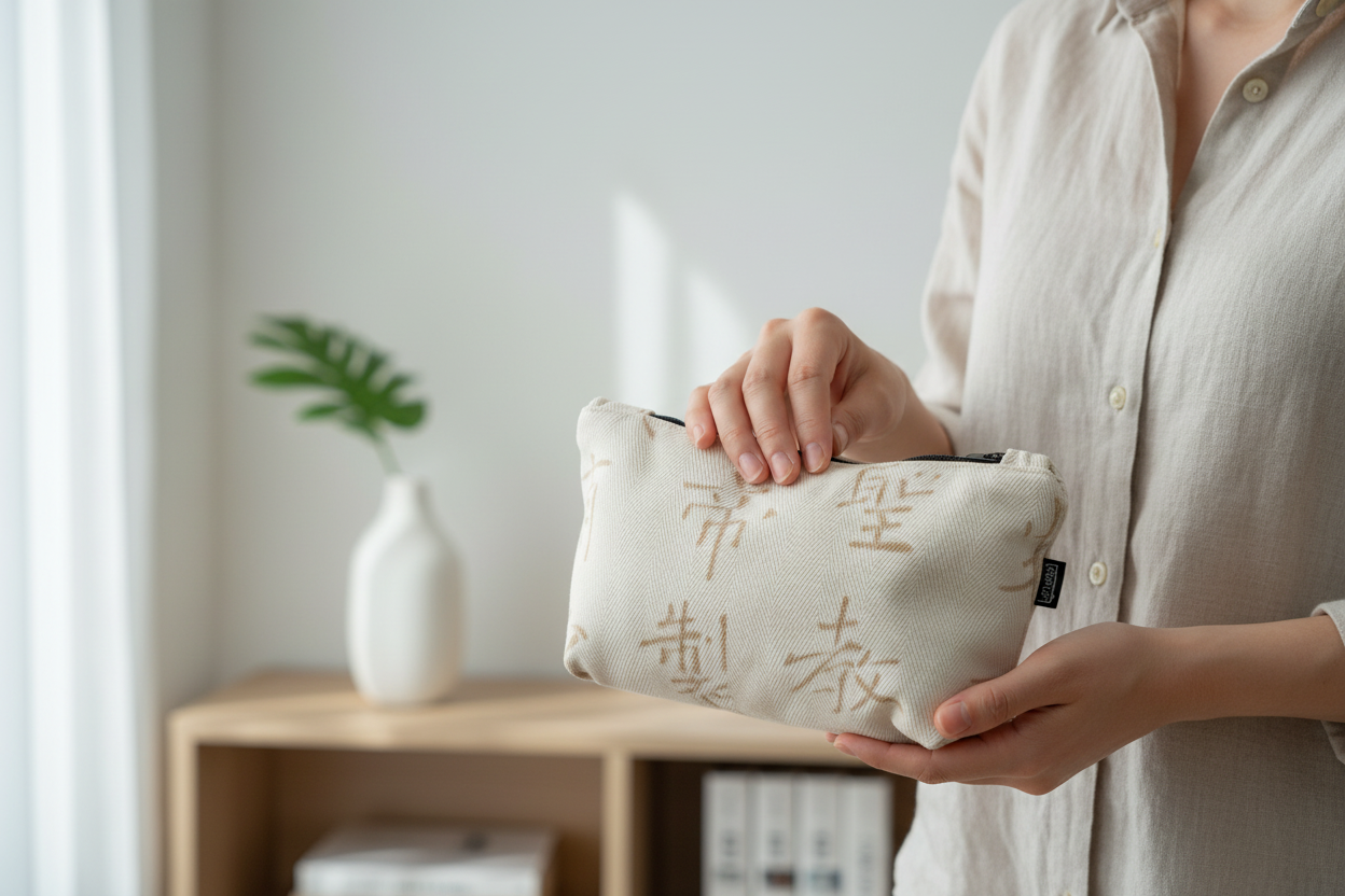 Woman holding botanical pattern handbag