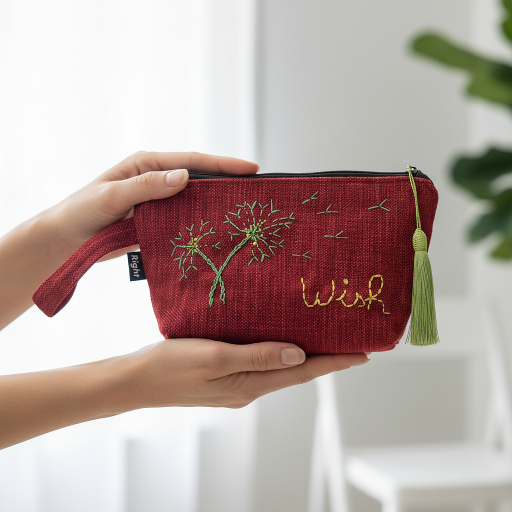 Woman holding burgundy embroidered wish clutch