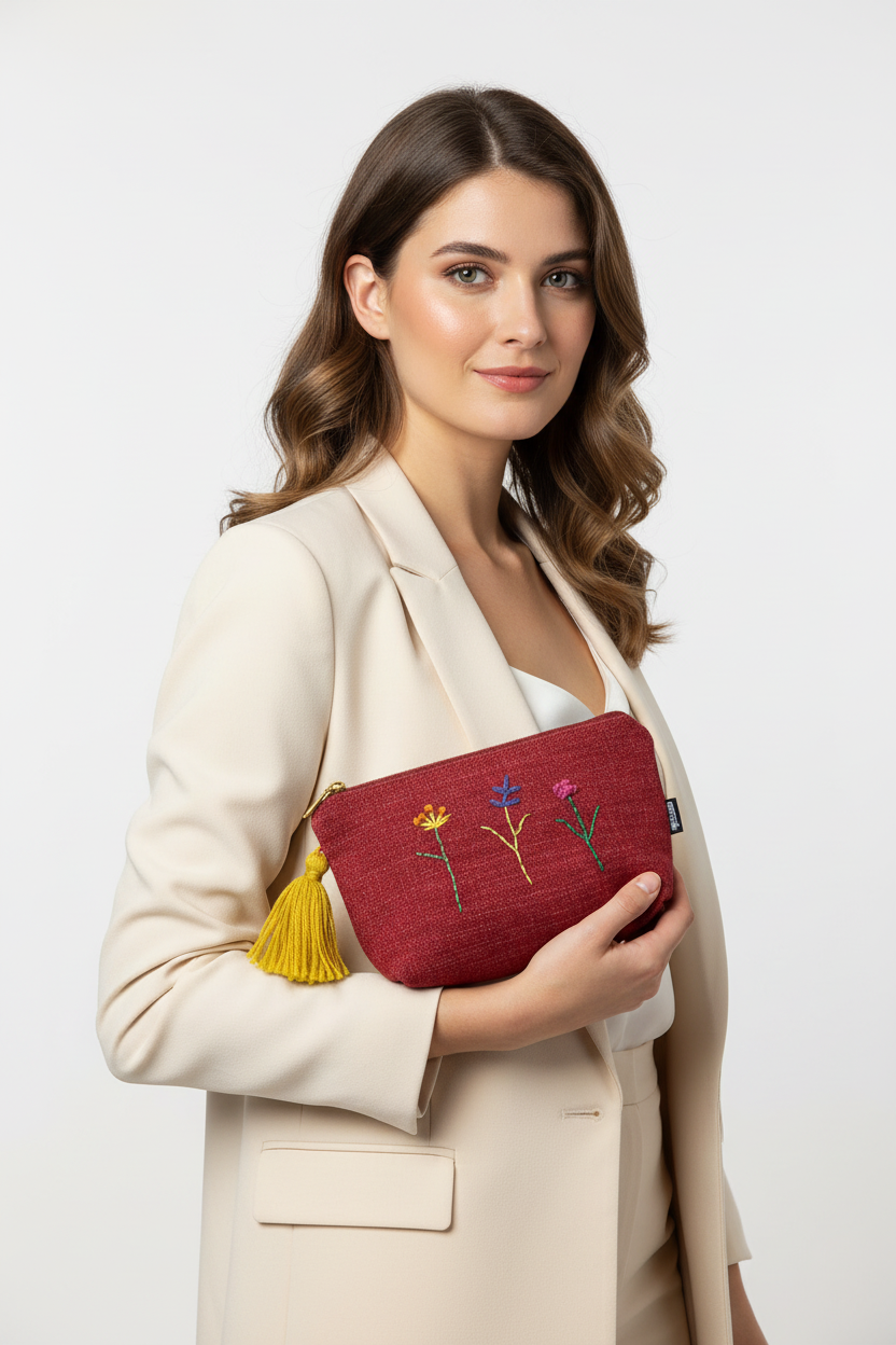 Woman holding burgundy red embroidered wristlet clutch with yellow tassel