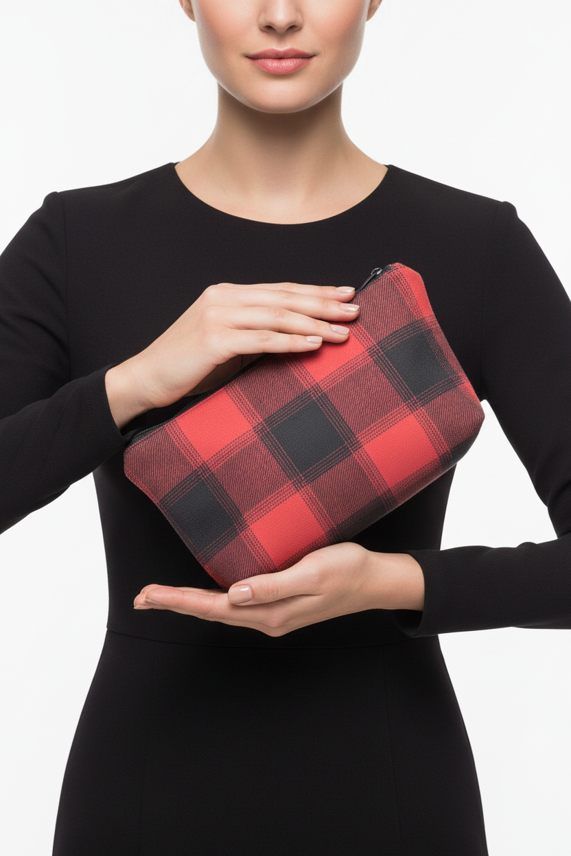 Woman holding coral pink and charcoal gray buffalo plaid clutch pouch