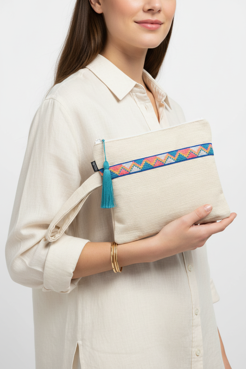 Woman holding cream beige woven wristlet clutch with geometric embroidered trim