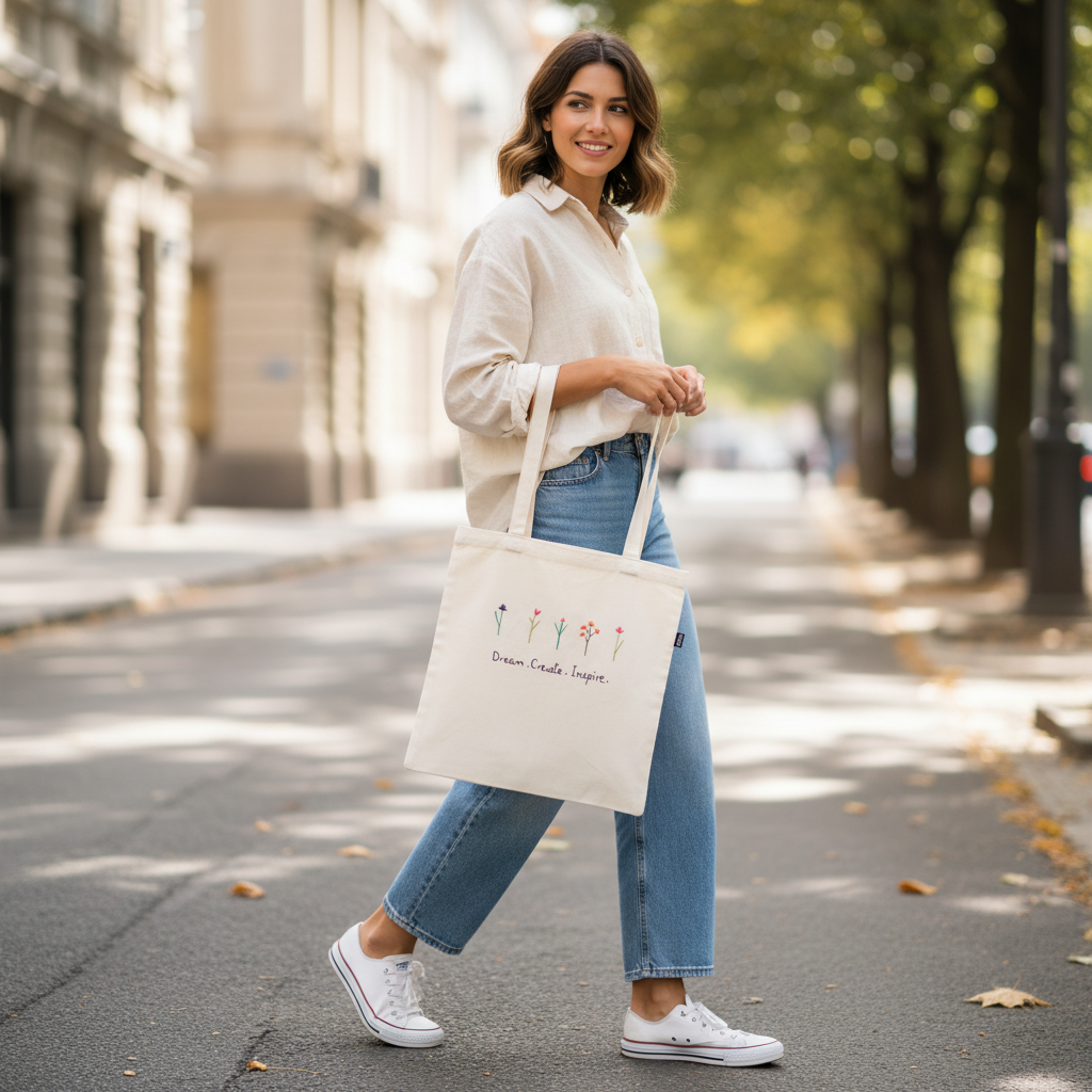 Woman holding Dream Create Inspire tote bag
