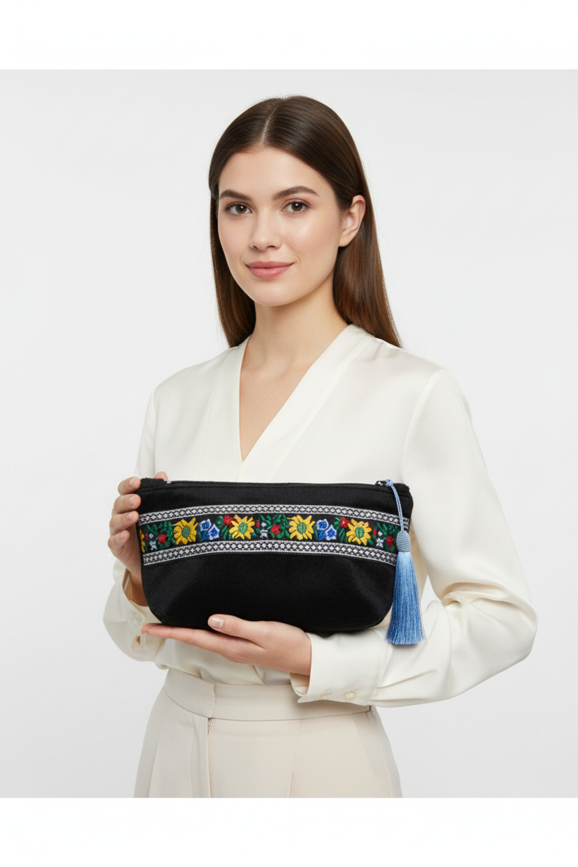 Woman holding embroidered floral pouch
