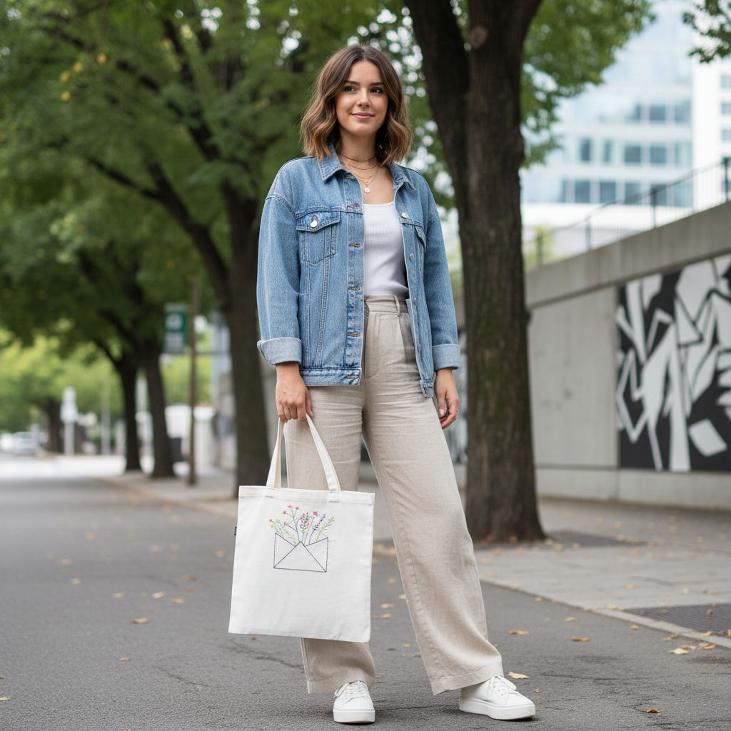 Woman holding envelope floral tote bag