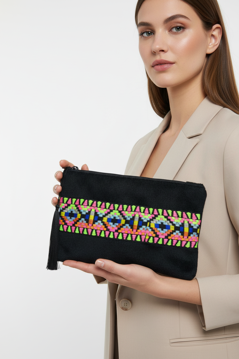 Woman holding geometric embroidered pouch