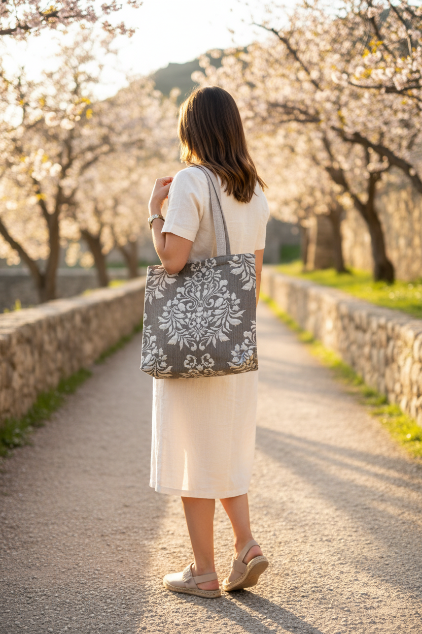 Woman holding gray damask tote bag