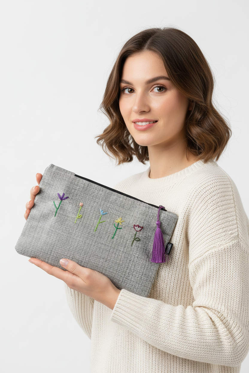 Woman holding gray floral embroidered pouch