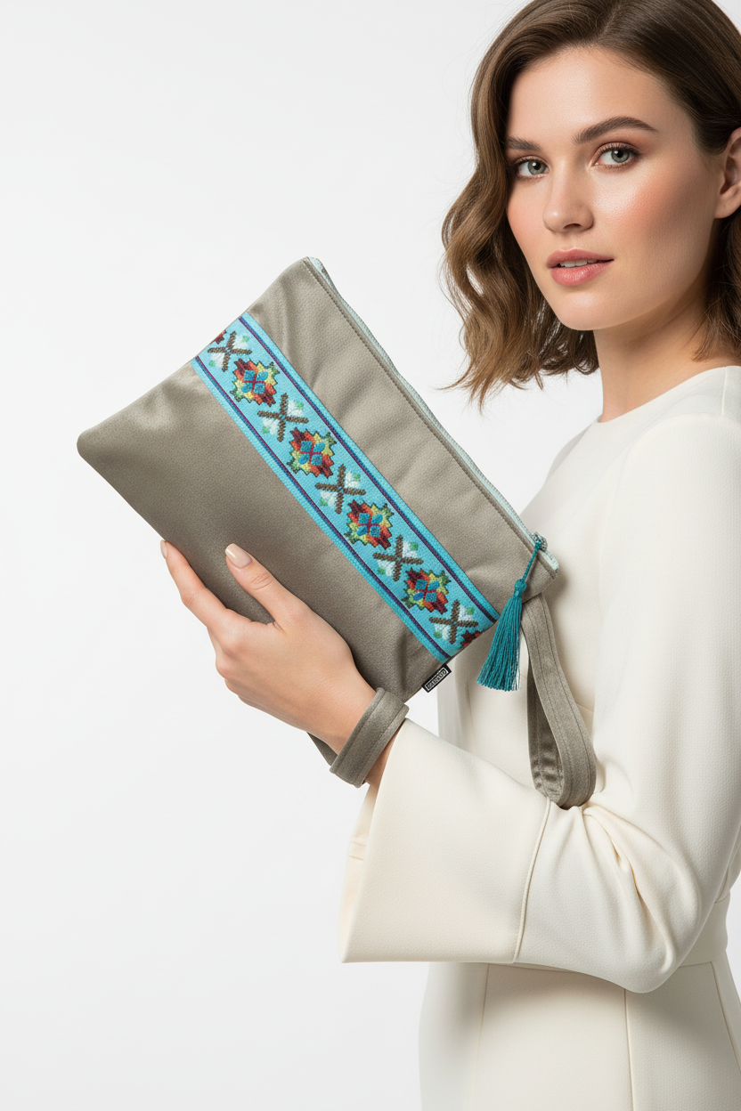 Woman holding gray wristlet clutch with turquoise embroidered trim