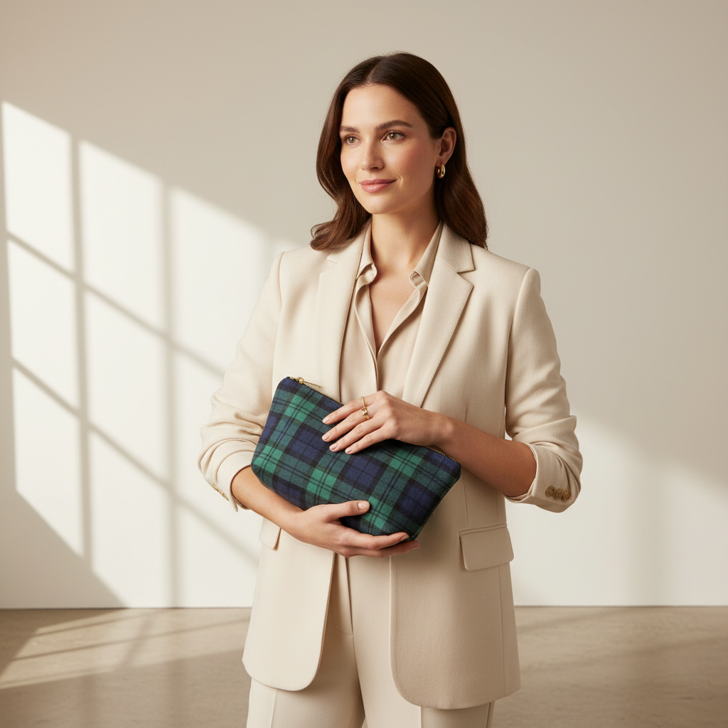 Woman holding green and purple plaid clutch