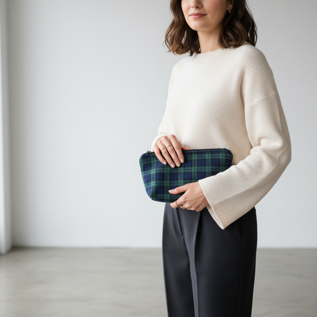 Woman holding green and purple plaid clutch
