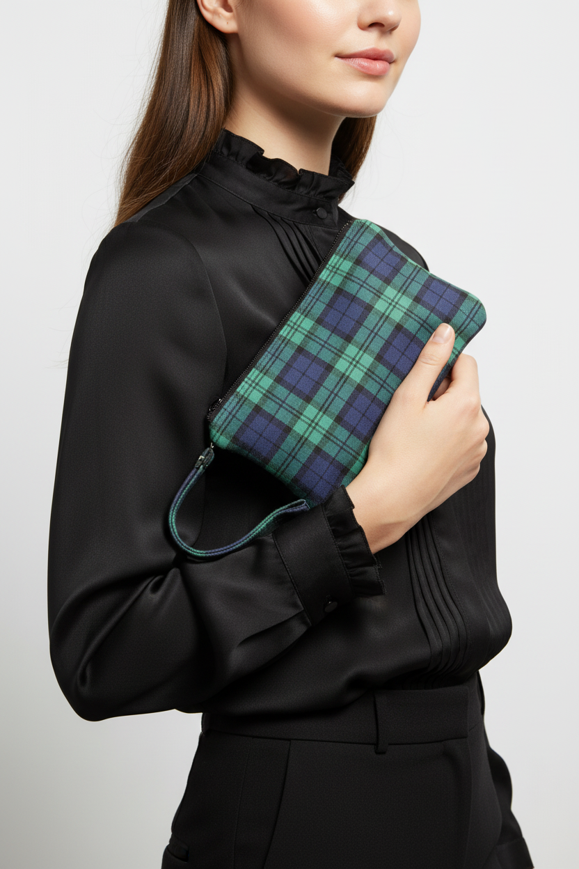 Woman holding green and purple plaid wristlet clutch