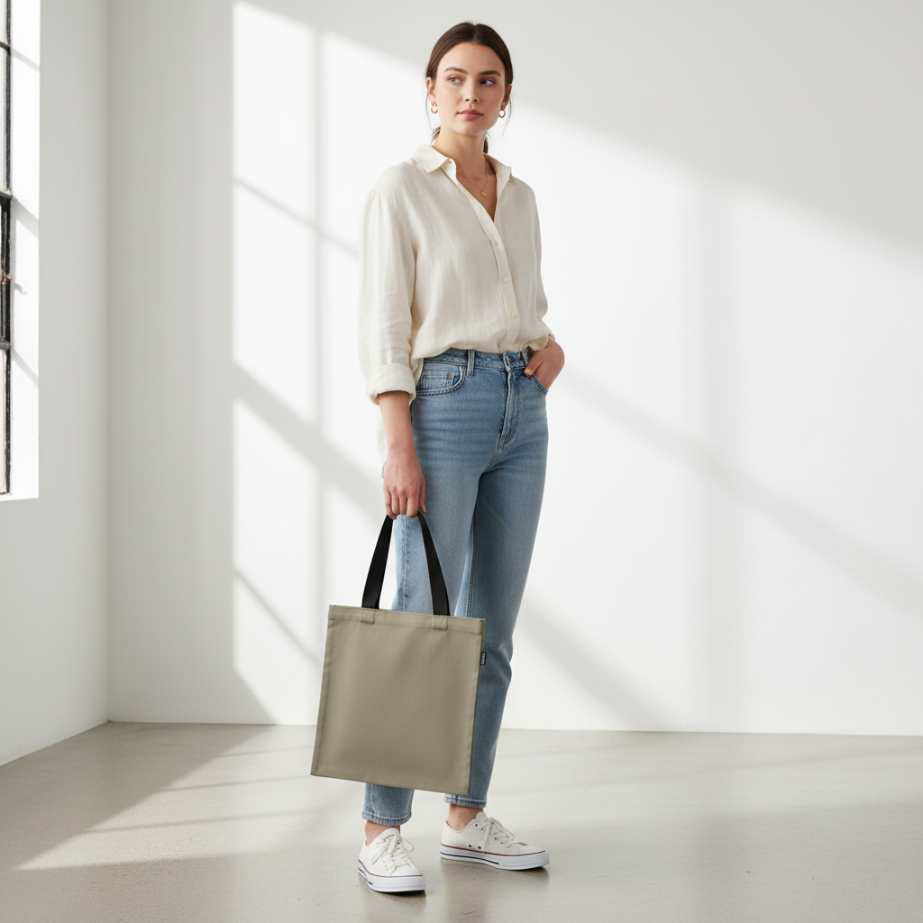 Woman holding grey olive small tote bag with black handles
