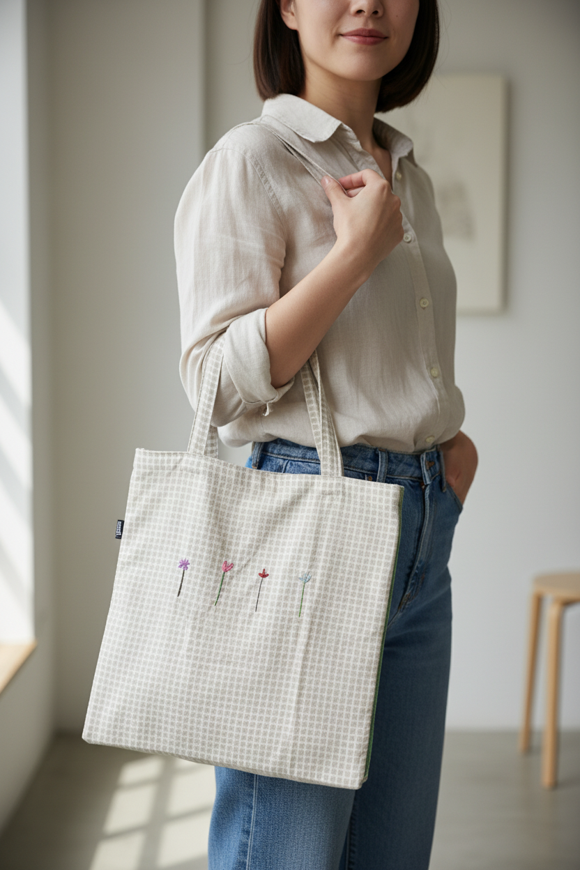 Woman holding grid-patterned tote bag