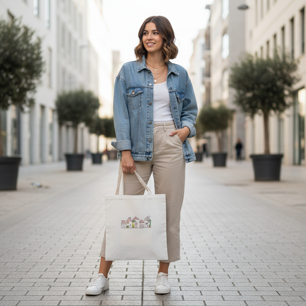 Woman holding houses tote bag