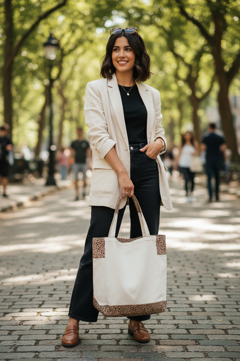 Woman holding leopard print tote bag