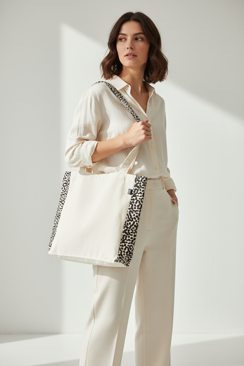 Woman holding leopard tote bag