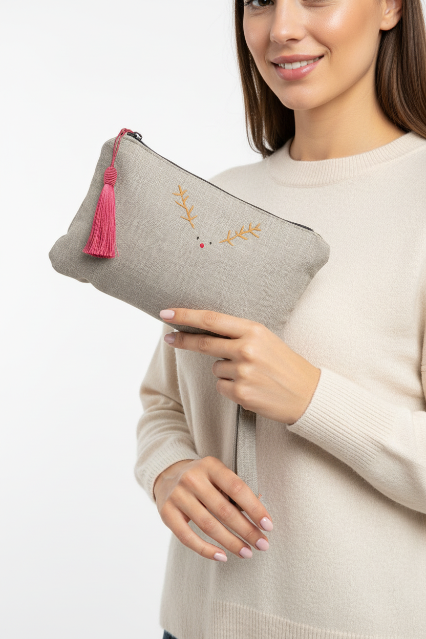 Woman holding light gray woven wristlet clutch with embroidered reindeer