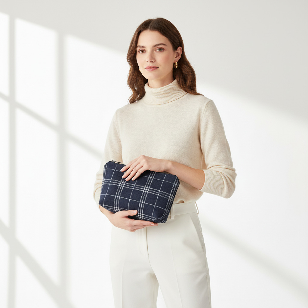 Woman holding navy blue and white plaid clutch