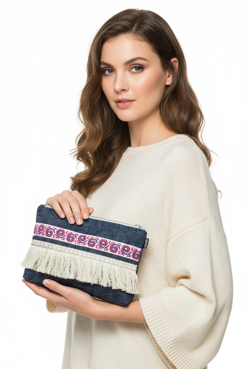 Woman holding navy blue denim clutch with embroidered trim and fringe