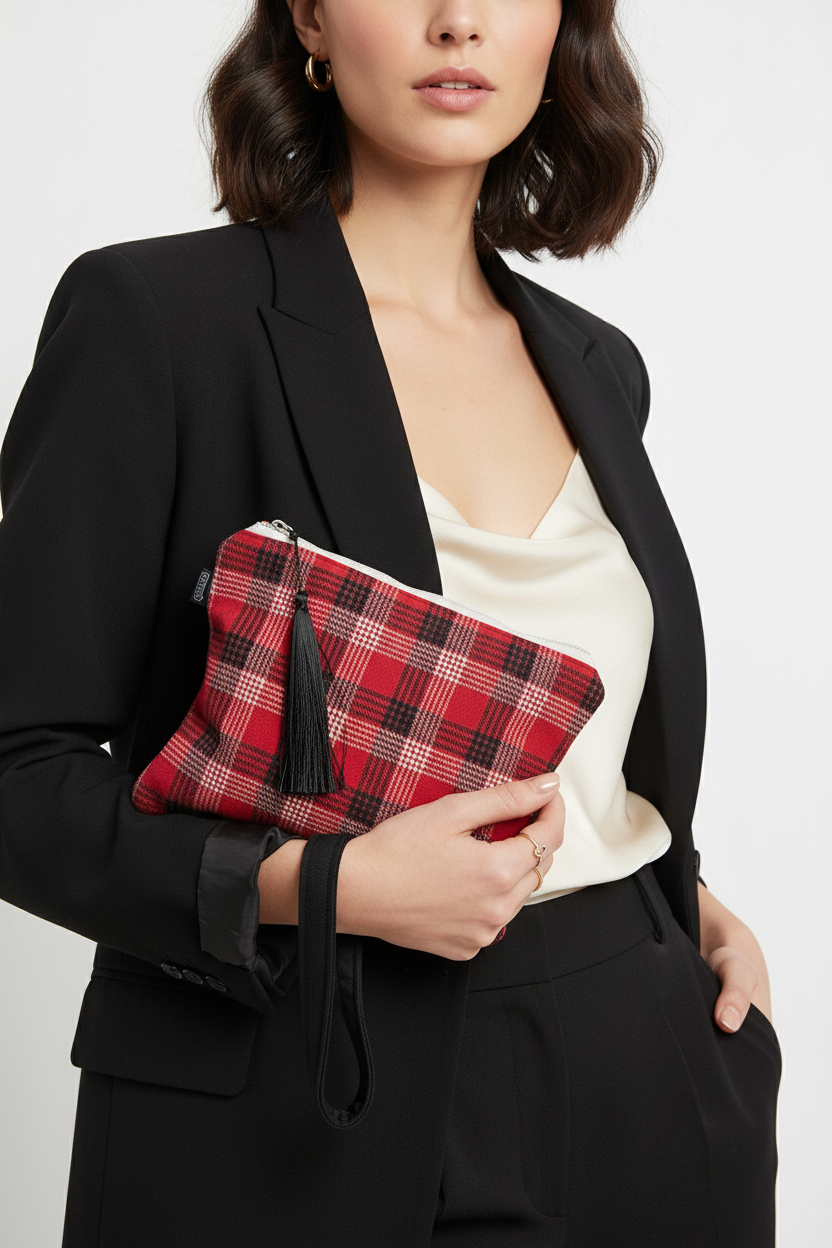 Woman holding red and black plaid wristlet clutch with white trim