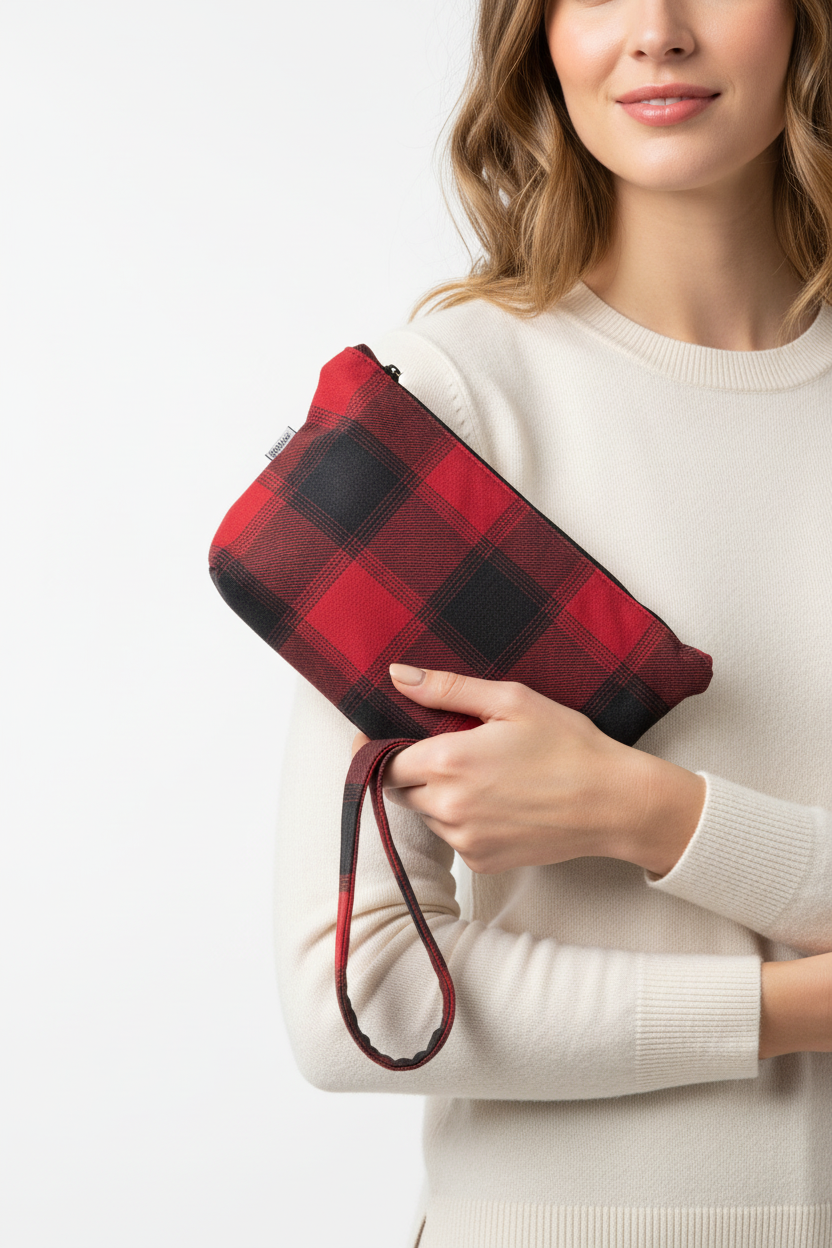 Woman holding red and charcoal gray buffalo plaid wristlet clutch