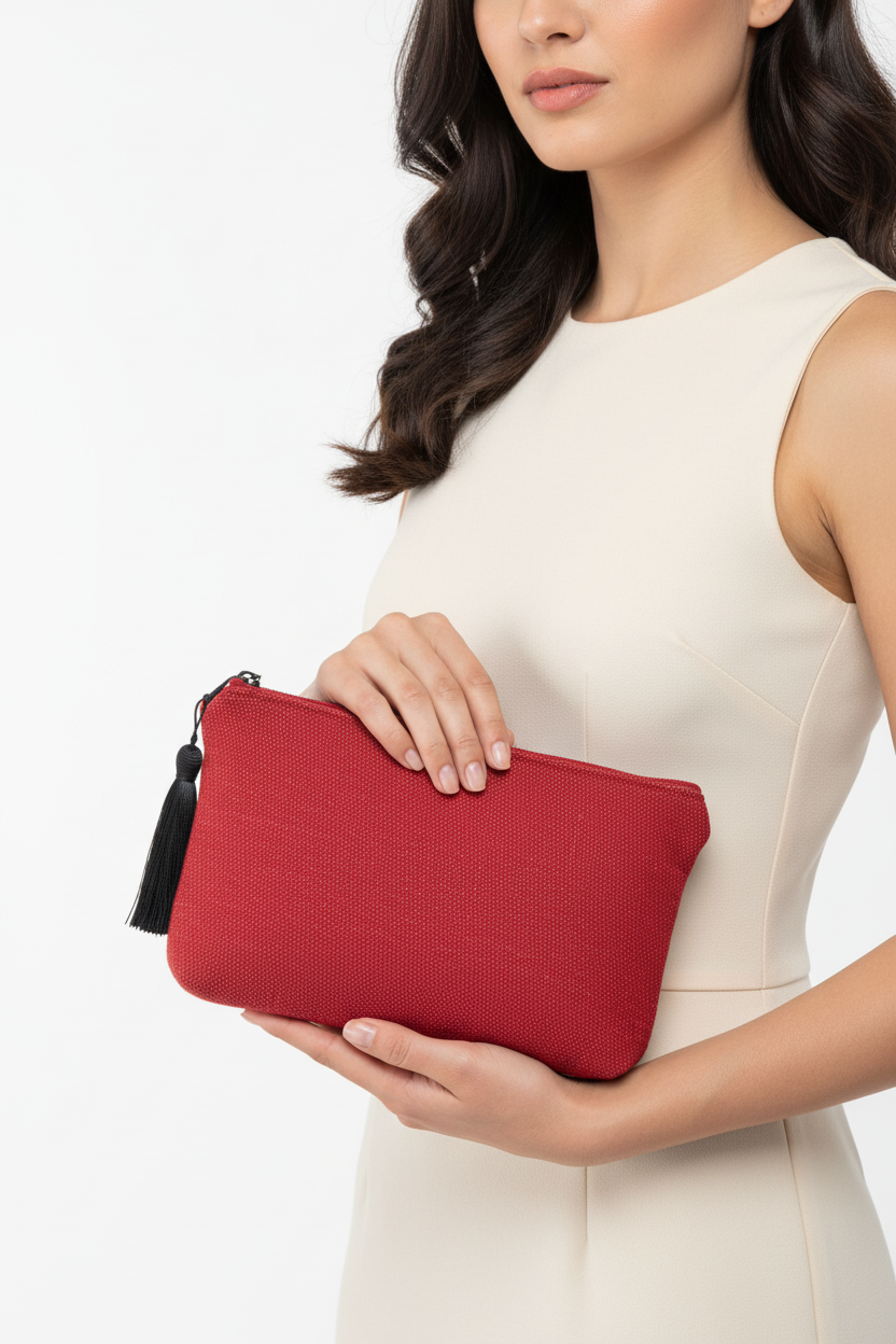 Woman holding red textured woven wristlet clutch with black tassel