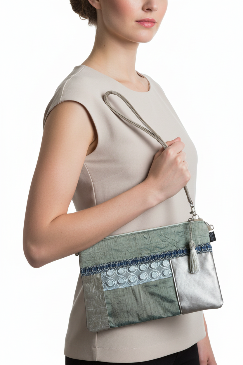 Woman holding sage green and silver wristlet clutch