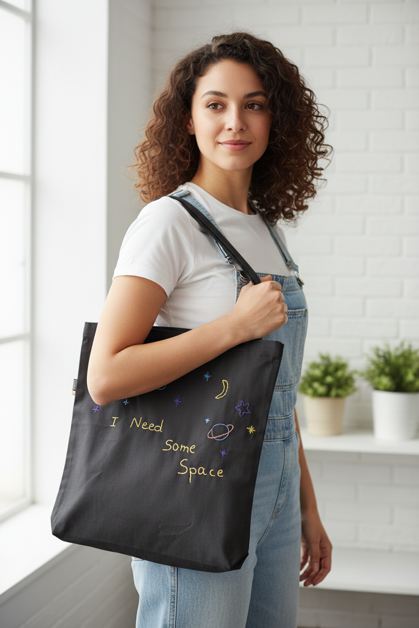Woman holding space-themed tote bag
