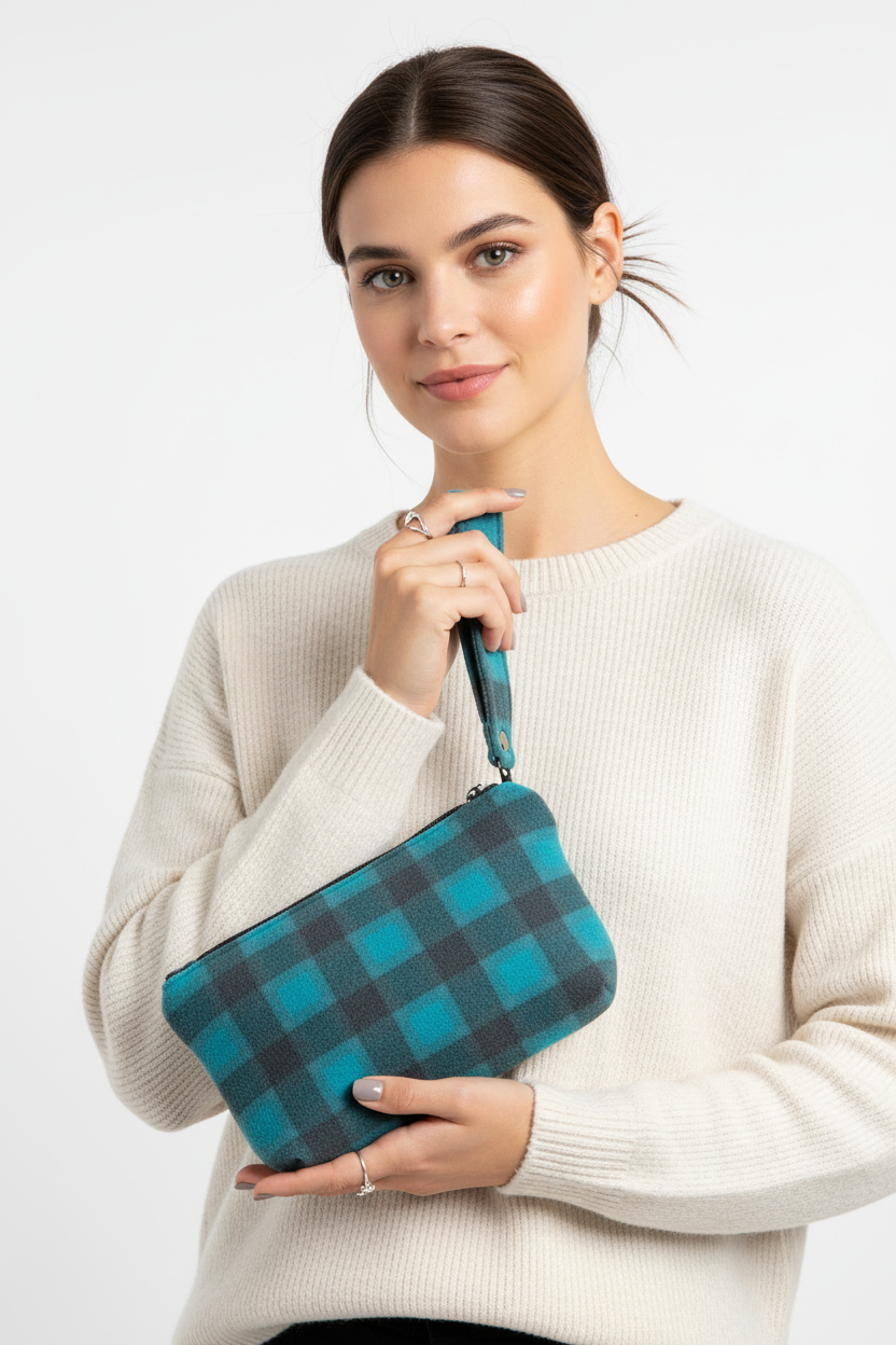 Woman holding turquoise blue and gray buffalo plaid fuzzy wristlet clutch
