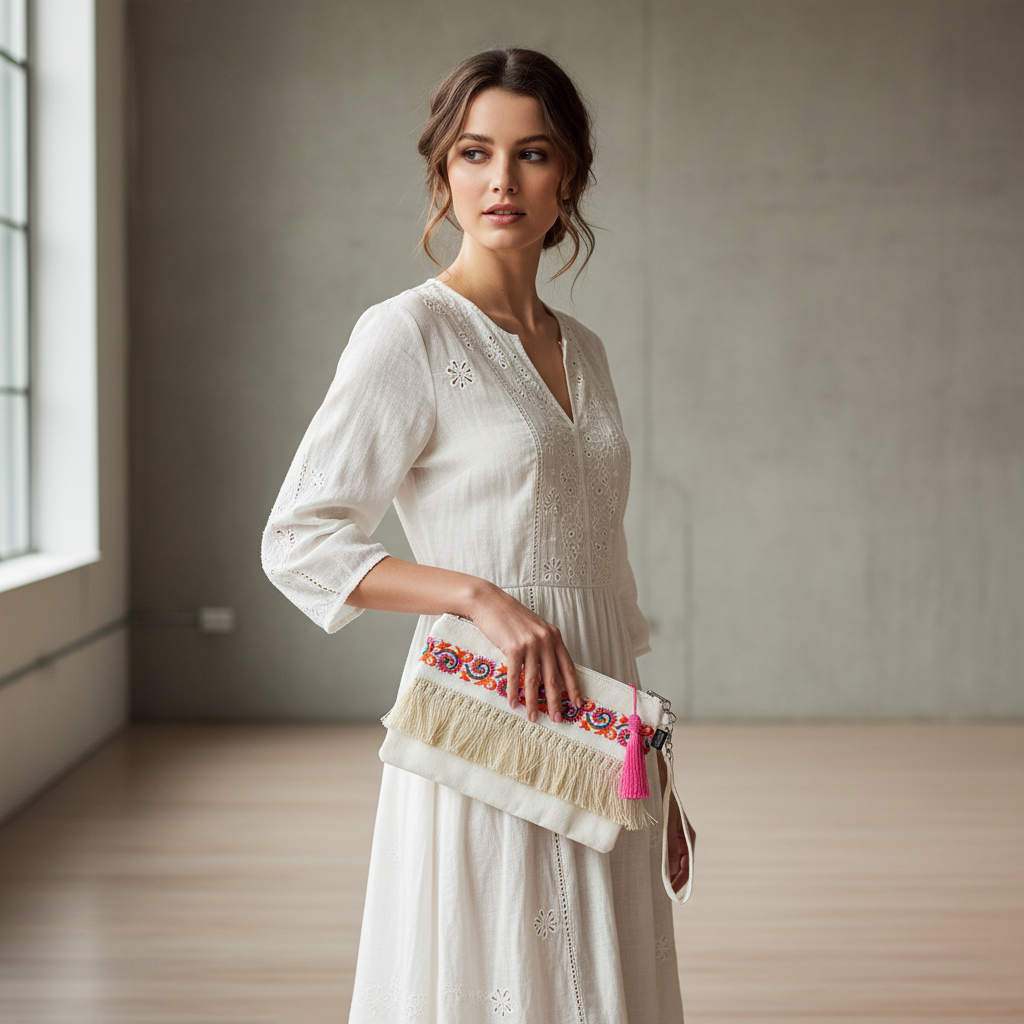 Woman holding white clutch with colorful embroidered pattern and fringe