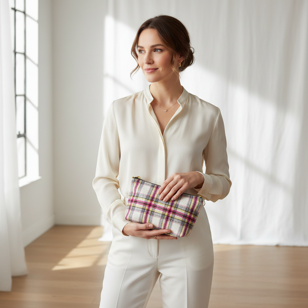 Woman holding white, pink and yellow plaid clutch
