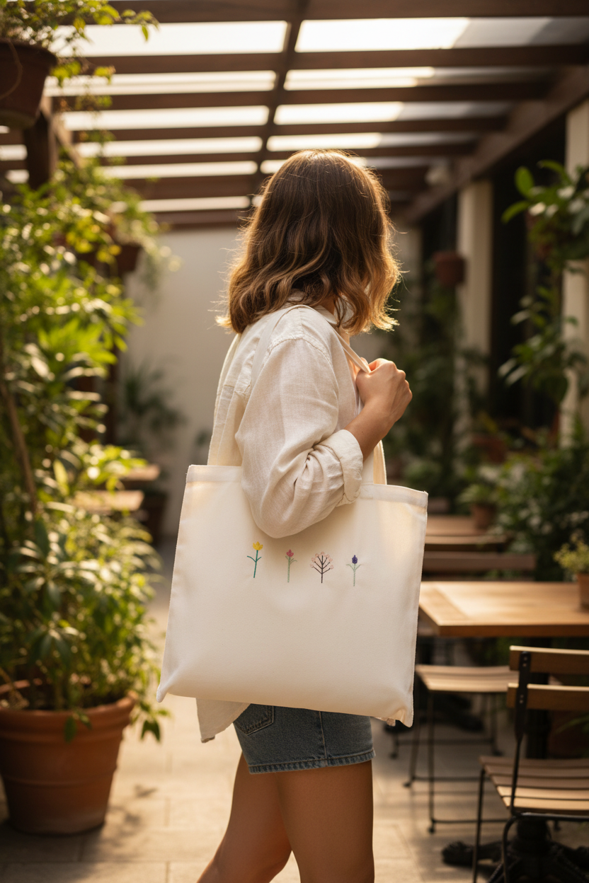 Woman holding white tote bag with embroidered flowers