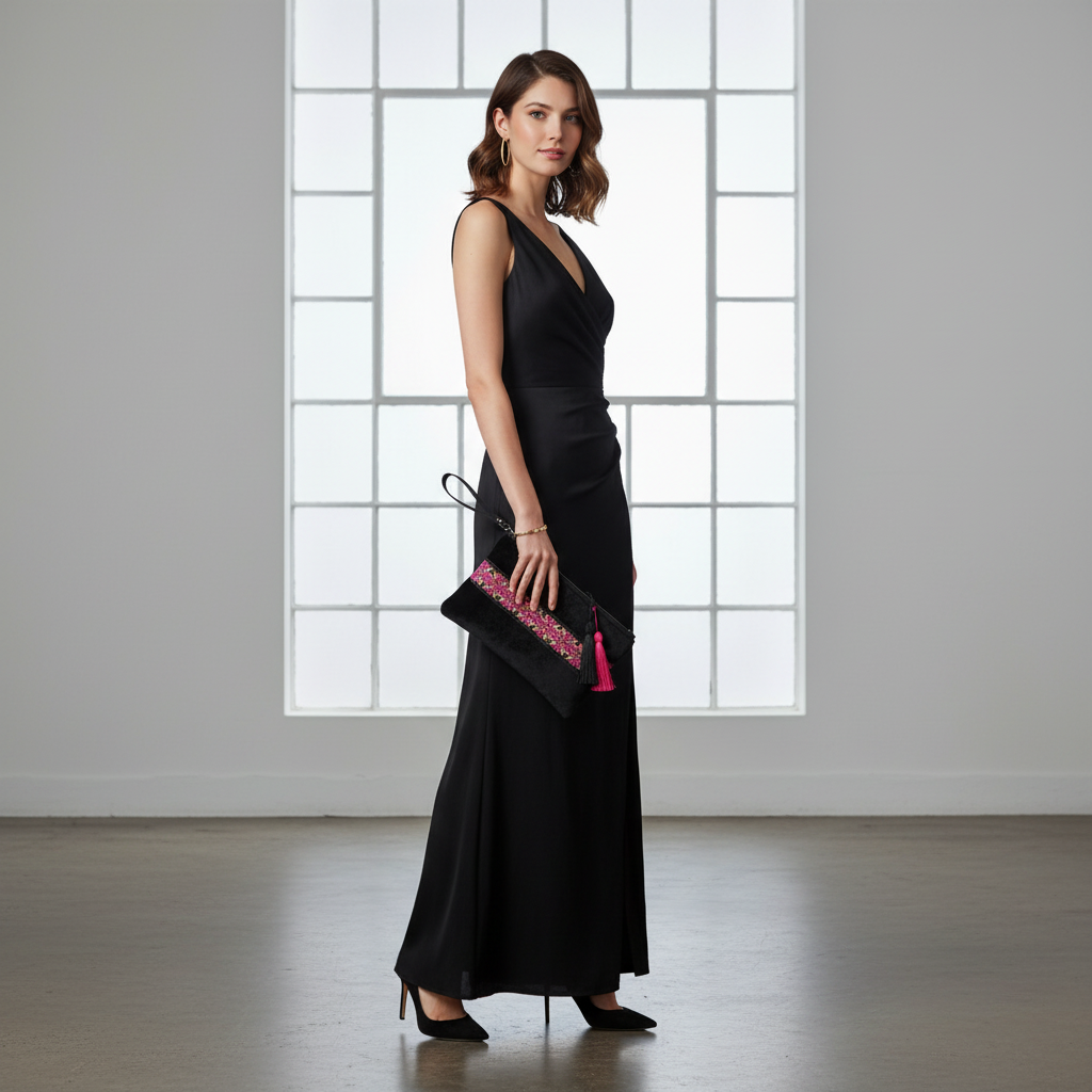 Woman in black outfit holding black velvet clutch with pink embroidered pattern