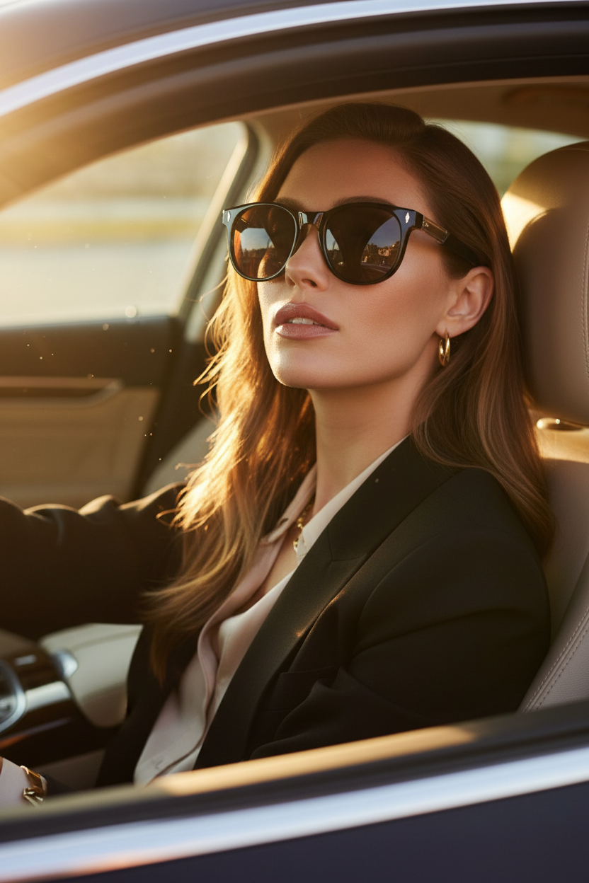 Woman in Car Wearing Black Crystal Sunglasses