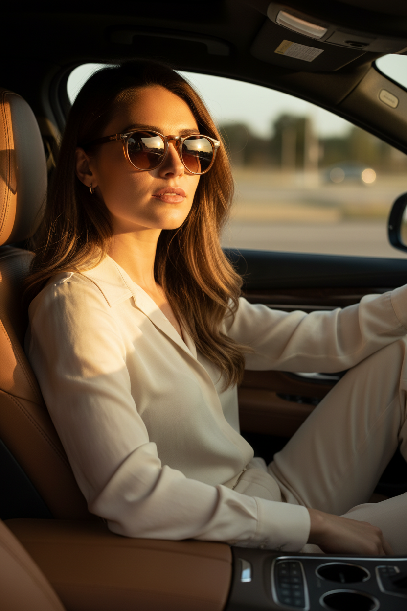 Woman in Car Wearing Sunglasses