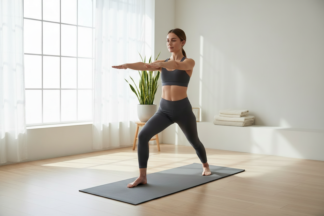 Woman on fully flat unrolled grey yoga mat